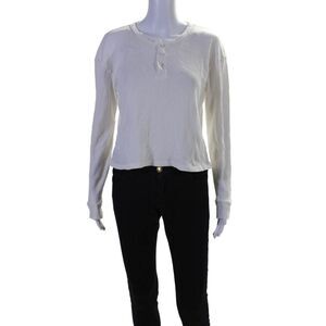 Christina Lehr Womens Cotton Waffle Knit Long Sleeve Henley Shirt White Size M